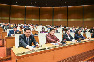 Đại biểu Quốc hội biểu quyết thông qua Nghị quyết quy định về xử lý một số vấn đề liên quan đến sắp xếp tổ chức bộ máy nhà nước. (Ảnh: DUY LINH)