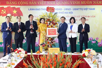 Đồng chí Đinh Tiến Dũng chúc mừng, tặng quà cho đại diện ngành Y tế Thủ đô.