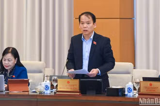 Chủ nhiệm Ủy ban Pháp luật của Quốc hội Hoàng Thanh Tùng báo cáo một số vấn đề lớn giải trình, tiếp thu, chỉnh lý dự thảo Luật Nhà ở (sửa đổi). (Ảnh: DUY LINH)