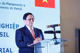 Thủ tướng Phạm Minh Chính phát biểu ý kiến tại Diễn đàn Doanh nghiệp Việt Nam-Brazil. (Ảnh: Nhật Bắc)