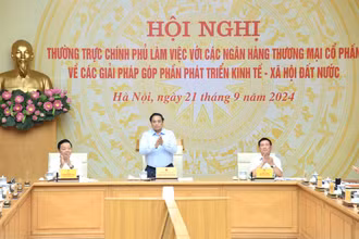 Thủ tướng Phạm Minh Chính chủ trì Hội nghị Thường trực Chính phủ làm việc với các ngân hàng thương mại cổ phần (Ảnh: Trần Hải). 