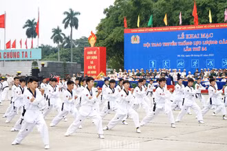 Đồng diễn võ thuật tại lễ khai mạc Hội thao. (Ảnh: TRUNG HƯNG)