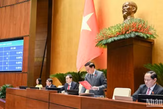 Chủ tịch Quốc hội Trần Thanh Mẫn cùng các Phó Chủ tịch Quốc hội biểu quyết thông qua Nghị quyết Kỳ họp thứ 8, Quốc hội khóa XV. (Ảnh: DUY LINH) 