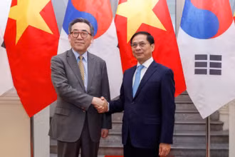 Phó Thủ tướng, Bộ trưởng Ngoại giao Bùi Thanh Sơn hội đàm với Bộ trưởng Ngoại giao Hàn Quốc Cho Tae-yul. (Ảnh: Bộ Ngoại giao) 