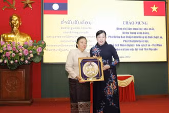 Đồng chí Phó Chủ tịch Quốc hội Lào tặng quà lưu niệm Bí thư Tỉnh uỷ Thái Nguyên.