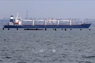 Chuyến tàu đầu tiên chở ngũ cốc của Ukraine rời cảng Odessa ngày 1/8/2022. (Ảnh: AFP/TTXVN)