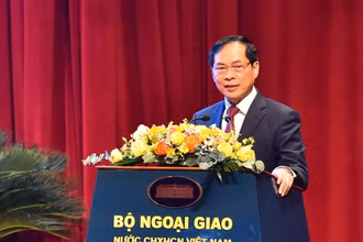 Bộ trưởng Ngoại giao Bùi Thanh Sơn phát biểu bế mạc Hội nghị Ngoại giao lần thứ 32. (Ảnh: THỦY NGUYÊN) 