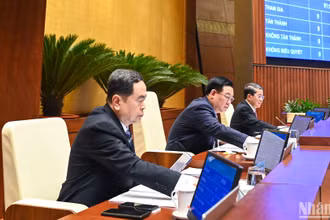 Chủ tịch Quốc hội Vương Đình Huệ và các Phó Chủ tịch Quốc hội biểu quyết thông qua Luật Kinh doanh bất động sản (sửa đổi) bằng hình thức biểu quyết điện tử. (Ảnh: DUY LINH) 