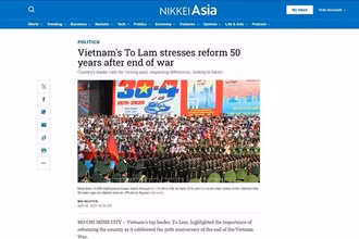 Báo Nikkei Asia của Nhật Bản đưa tin về niềm tự hào của người dân Việt Nam trong Lễ kỷ niệm 50 năm Ngày Giải phóng miền nam, thống nhất đất nước, ngày 30/4. (Ảnh chụp màn hình)