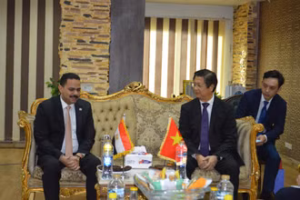 Phó Trưởng Ban Đối ngoại Trung ương Trương Quang Hoài Nam và Hạ nghị sĩ Ashraf Rashad Al-Sharif, Phó Chủ tịch thứ nhất kiêm Tổng Thư ký Đảng Tương lai quốc gia Ai Cập chia sẻ thông tin về tình hình hai nước. (Ảnh: TTXVN) 