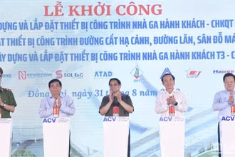Thủ tướng Phạm Minh Chính và các đồng chí lãnh đạo thực hiện nghi thức khởi công 3 dự án. 