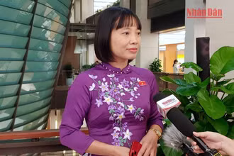 Đại biểu Quốc hội Nguyễn Thị Việt Nga (Hải Dương) chia sẻ với phóng viên Báo Nhân Dân bên hành lang Quốc hội. (Ảnh: TRUNG HƯNG)