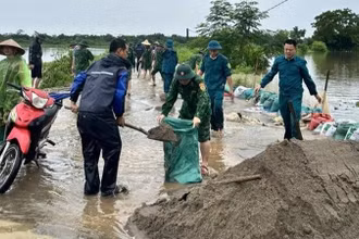 Lực lượng chức năng huyện Chương Mỹ khắc phục sự cố tràn đê. 