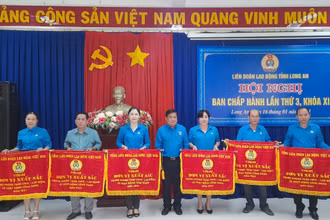 Chủ tịch Liên đoàn Lao động trao Cờ thi đua của Tổng Liên đoàn Lao động Việt Nam cho 6 tập thể công đoàn cơ sở.