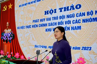 Đồng chí Hà Thị Nga, Ủy viên Trung ương Đảng, Chủ tịch Hội Liên hiệp Phụ nữ Việt Nam phát biểu khai mạc hội thảo.