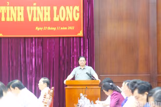 Thủ tướng Phạm Minh Chính phát biểu chỉ đạo tại buổi làm việc với Tỉnh ủy Vĩnh Long. (Ảnh: BÁ DŨNG).