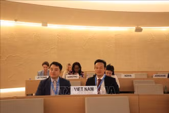 Đại sứ Mai Phan Dũng phát biểu thay mặt Nhóm nòng cốt trong khuôn khổ Khóa họp 56 của Hội đồng Nhân quyền Liên Hợp quốc tại Geneva. (Ảnh: Anh Hiển/PV TTXVN tại Geneva)