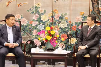 Phó Thủ tướng Chính phủ Nguyễn Chí Dũng (trái) hội kiến với đồng chí Trương Hổ, Phó Tỉnh trưởng Thường trực tỉnh Quảng Đông. 