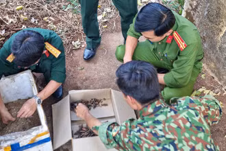 Lực lượng chức năng kiểm đếm tang vật thu giữ được tại hiện trường.