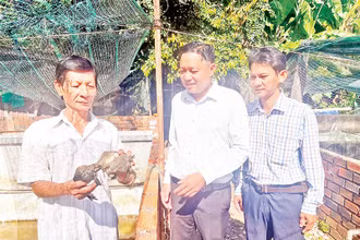 Nông dân Hồ Thanh Hải (ngoài cùng bên trái) chia sẻ kinh nghiệm, hiệu quả nuôi ếch với đại diện Hội Nông dân xã Quy Đức và cán bộ kỹ thuật.