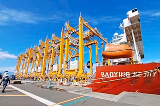 Vận chuyển, lắp đặt lô 8 thiết bị cần cẩu giàn bánh lốp (RTG) đầu tiên tại bến container số 3 và 4 Cảng Lạch Huyện, thành phố Hải Phòng. (Ảnh QUANG PHỔ)