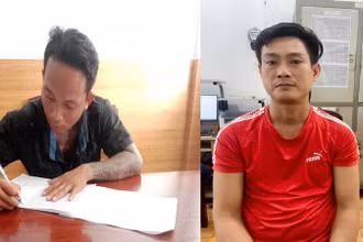 Đối tượng Nguyễn Hoàng Nam và Phạm Ngọc Định đến cơ quan Công an xin đầu thú.