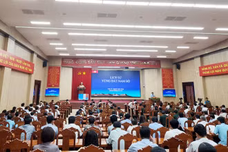 Quang cảnh hội nghị tại điểm cầu Tỉnh ủy Kiên Giang.