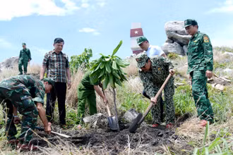 Bí thư Tỉnh ủy Kiên Giang Nguyễn Tiến Hải (thứ 2, từ phải qua) trồng cây lưu niệm tại điểm cơ sở A1 trên Hòn Nhạn, thuộc xã đảo Thổ Châu. (Ảnh: PHƯƠNG VŨ)