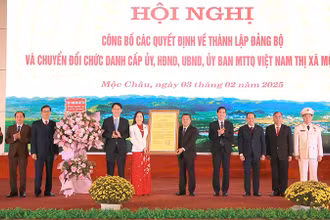 Đồng chí Hoàng Quốc Khánh, Bí thư Tỉnh ủy Sơn La trao Quyết định thành lập Đảng bộ thị xã Mộc Châu.
