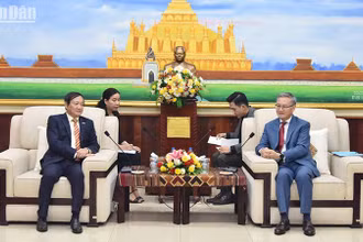 Đại sứ Nguyễn Bá Hùng và Trưởng Ban Đối ngoại Trung ương Đảng Nhân dân Cách mạng Lào Thongsavanh Phomvihane. (Ảnh: Trịnh Dũng)