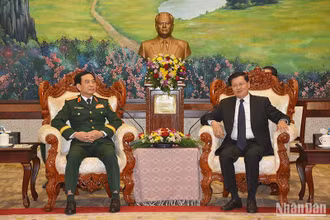 Đại tướng Phan Văn Giang tới chào xã giao Tổng Bí thư, Chủ tịch nước Lào Thongloun Sisoulith. (Ảnh: TRỊNH DŨNG)