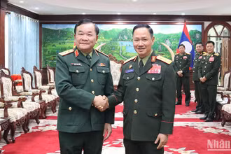 Thượng tướng Hoàng Xuân Chiến chào Bộ trưởng Quốc phòng Lào Khamlieng Outhakaysone. (Ảnh: TRỊNH DŨNG)
