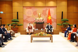 Phó Chủ tịch Thường trực Quốc hội Trần Thanh Mẫn tiếp bà Thoummaly Vongphachanh và Đoàn Ủy ban Văn hóa-Xã hội Lào. (Ảnh: TTXVN)