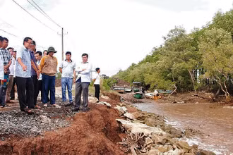 Lãnh đạo tỉnh và thành phố Bạc Liêu khảo sát thực tế điểm thường xuyên bị sạt lở ở tuyến đê biển Đông. 