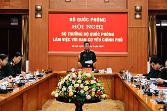 Đại tướng Phan Văn Giang, Ủy viên Bộ Chính trị, Phó Bí thư Quân ủy Trung ương, Bộ trưởng Quốc phòng phát biểu ý kiến tại buổi làm việc với Ban Cơ yếu Chính phủ. (Ảnh: BAN CYCP)