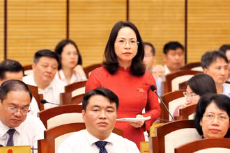 Ðại biểu HÐND thành phố Hà Nội phát biểu tại phiên chất vấn về việc thực hiện các cơ chế, chính sách phát triển nông nghiệp. (Ảnh ÐĂNG ANH)