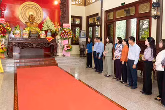 Du khách nghe giới thiệu về cuộc đời cách mạng của Bác Tôn tại Khu lưu niệm.