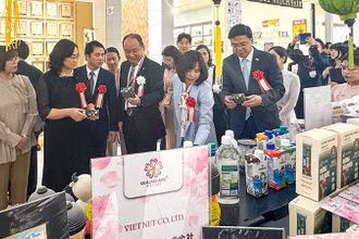 Các đại biểu tham quan gian hàng tại Tuần hàng Việt Nam ở Aeon Nhật Bản. (Ảnh HÀ MY)