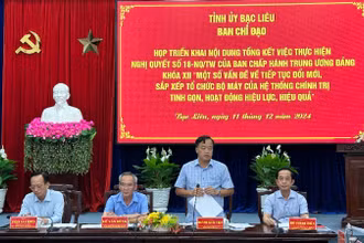Đồng chí Huỳnh Quốc Việt, Ủy viên dự khuyết Trung ương Đảng, Phó Bí thư Thường trực Tỉnh ủy Bạc Liêu, phát biểu ý kiến tại cuộc họp. Ảnh: TRỌNG DUY