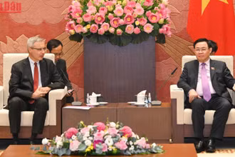 Chủ tịch Quốc hội Vương Đình Huệ và Đại sứ Pháp Nicolas Warnery tại buổi tiếp. (Ảnh Duy Linh)