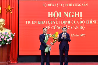 Ủy viên Bộ Chính trị, Bí thư Trung ương Đảng, Trưởng Ban Tổ chức Trung ương Lê Minh Hưng trao Quyết định và chúc mừng đồng chí Hoàng Trung Dũng nhận nhiệm vụ mới. (Ảnh: Đăng Khoa)