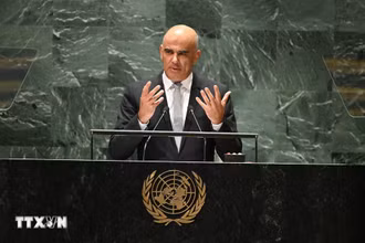 Ông Alain Berset phát biểu tại Đại hội đồng Liên hợp quốc khóa 78 ở New York (Mỹ). (Ảnh: AFP/TTXVN)