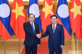 Chủ tịch Quốc hội Vương Đình Huệ và Thủ tướng Lào Sonexay Siphandone. (Ảnh: DUY LINH)