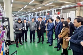 Đoàn công tác tỉnh Vĩnh Phúc tham quan dây chuyền sản xuất tại Công ty JAHWA Hàn Quốc.