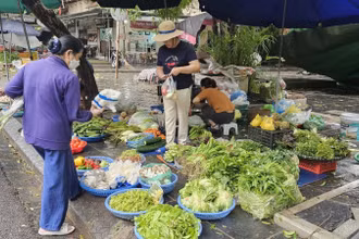 Một hàng bán rau xanh trên phố Nguyễn Thị Thập sáng 8/9.