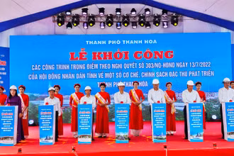 Các đại biểu khởi công xây dựng các công trình trọng điểm ở thành phố Thanh Hóa.