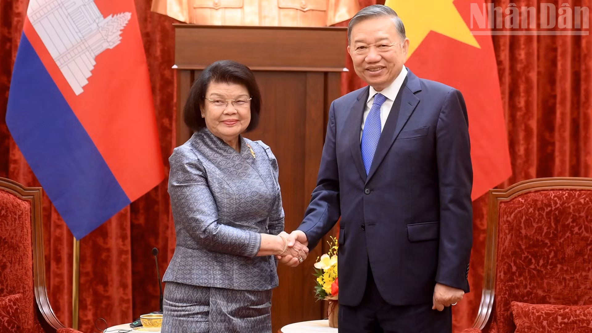 Tổng Bí thư, Chủ tịch nước Tô Lâm tiếp Chủ tịch Quốc hội Vương quốc Campuchia Samdech Khuon Sudary. (Ảnh: ĐĂNG KHOA)