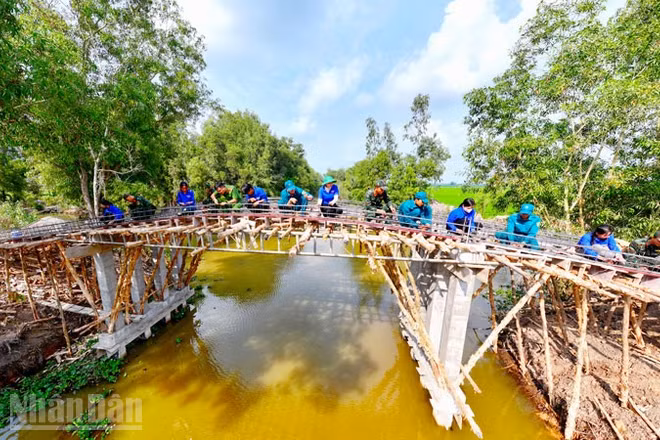 Cán bộ, chiến sĩ lực lượng vũ trang xã Hòn Đất hỗ trợ người dân xây dựng cầu dịp Tết quân-dân mừng Chôl Chnăm Thmây năm 2026.