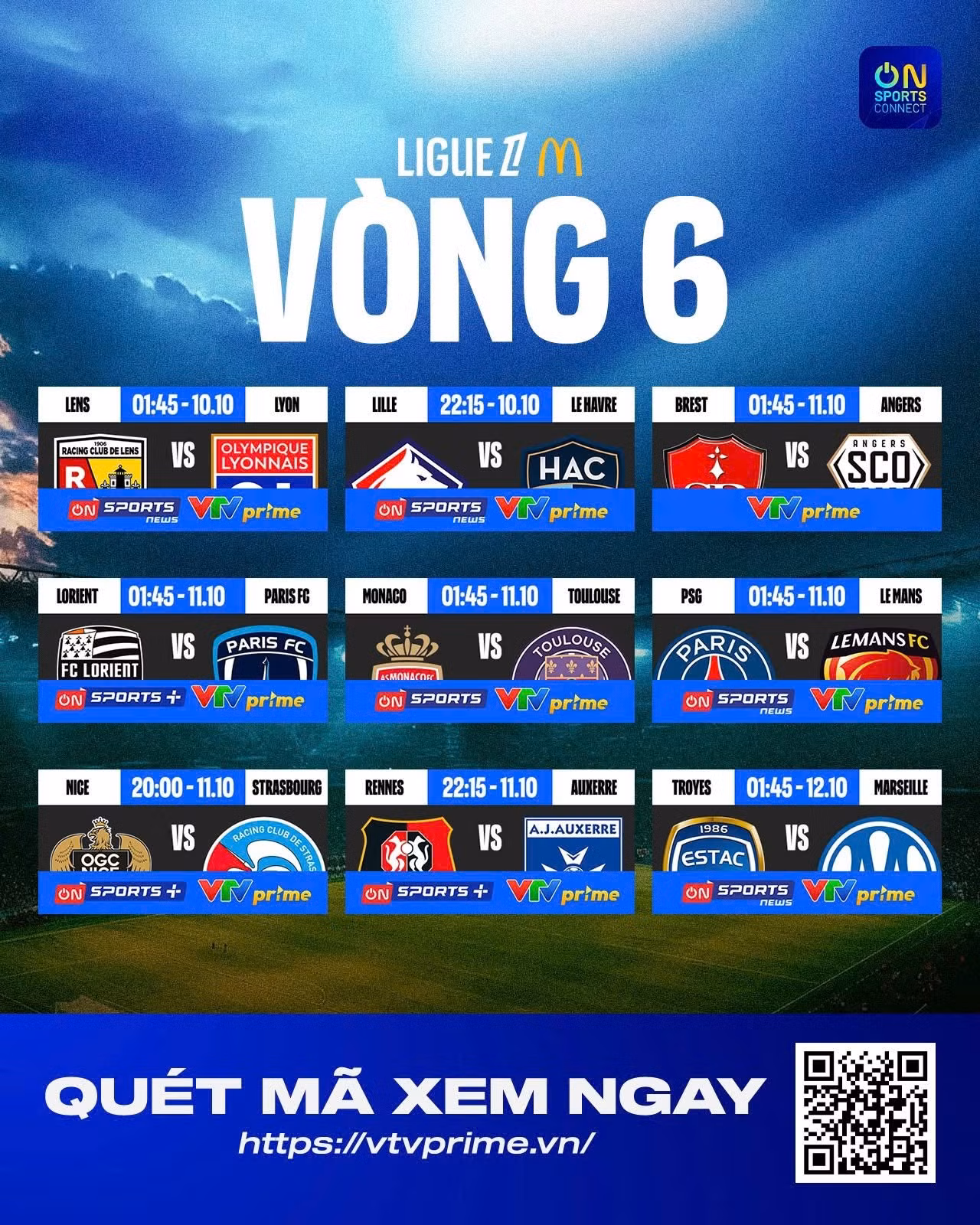 Lịch thi đấu vòng 6 Ligue 1. (Ảnh: VTV)