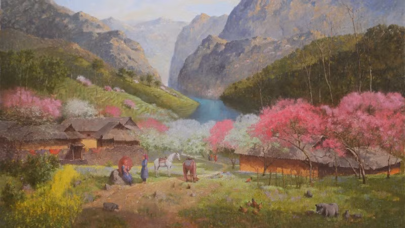 Một trích đoạn tranh sơn dầu "Chuyện ngày xuân" của họa sĩ Lê Thư.